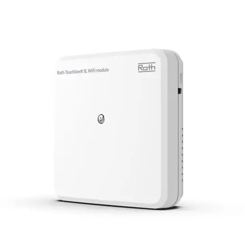 Weißes WiFi-Modul von Roth, rechteckig mit abgerundeten Ecken und einem zentralen Punkt, angebracht an einer glatten Oberfläche.